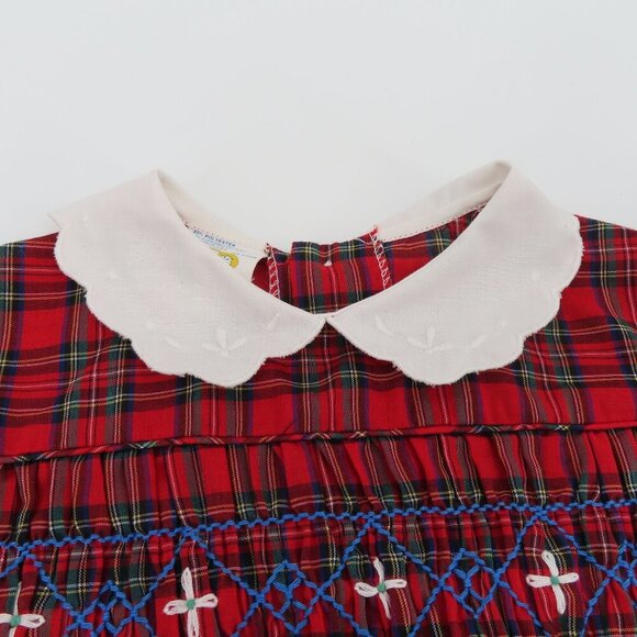 VTG Happy Kids Girls 5 Red Plaid Tartan Check White Collar Smocked Dress Holiday - Picture 3 of 13